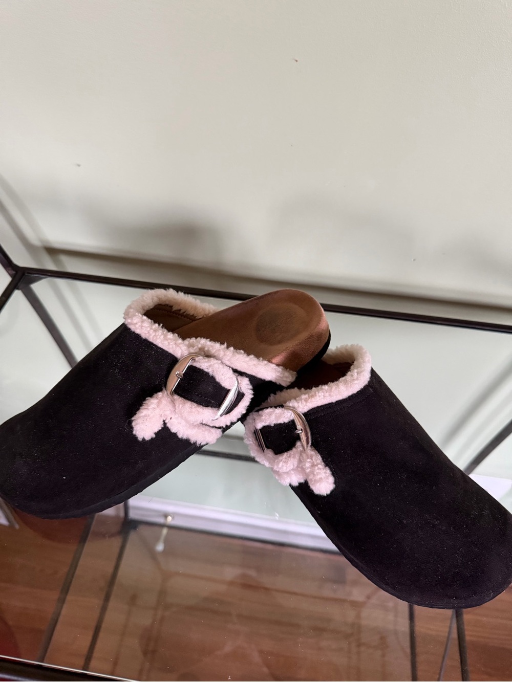 Time and Tru Black Faux Suede Mules with Shearling Trim